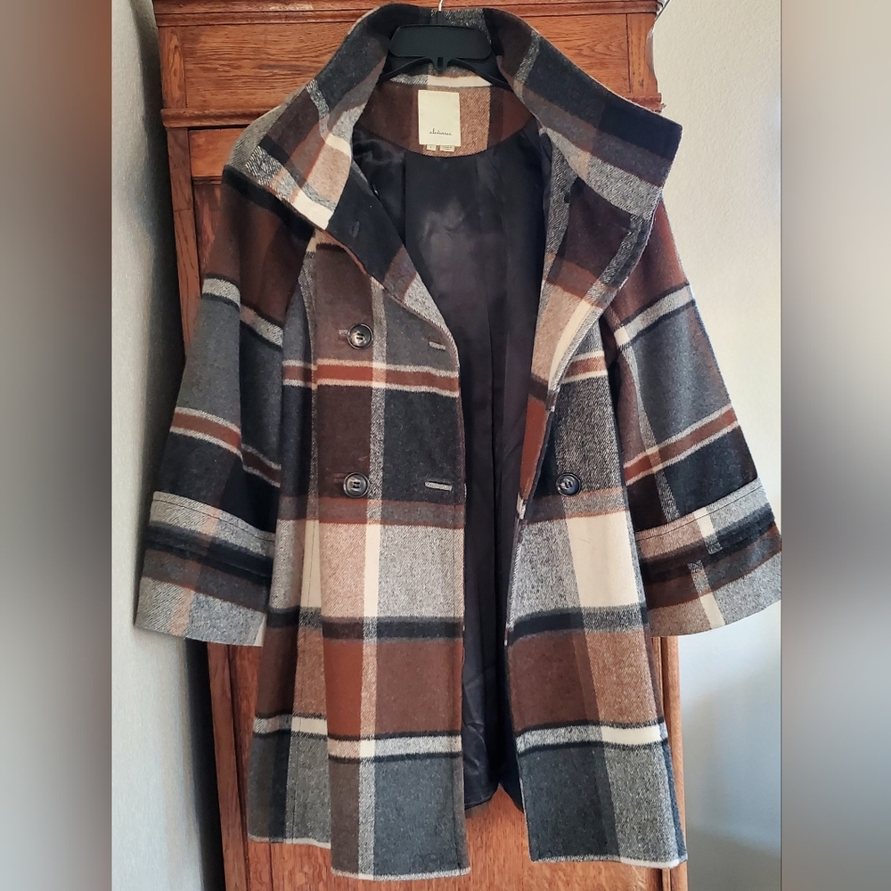 ANTHROPOLOGIE ELEVENSES HAMPDEN BROWN PLAID HOODED COAT LARGE